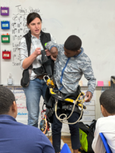 Sarah Sinusasa, a structural engineer (and Kim Fuch’s daughter!), demonstrated how to put on rappelling gear.